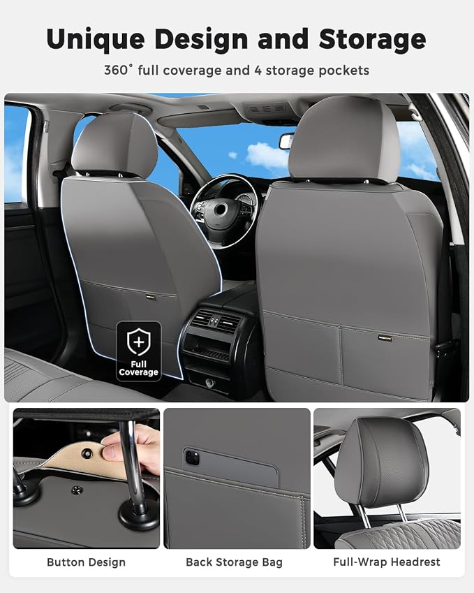 Huidasource Gray Seat Covers, Luxury Nappa Leather Car Seat Cover with Velcro Adjustable, Airbag, Lumbar Support, Cooling ＆ Heating, Seat Covers for Universal Fit for Most Cars SUV Trucks, Gray