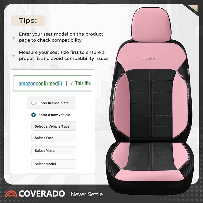 Coverado Front and Back Seat Covers for Cars Leather Car Seat Cover Full Set 5 Seats Waterproof Seat Protector Automotive Seat Covers Universal Fit for Most Cars SUV Trucks, Pink&Black