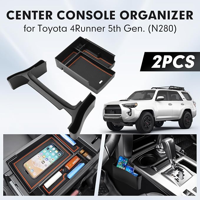 Autorder 2PCS Center Console Organizer for 2010-2024 Toyota 4Runner Accessories Armrest Storage Box Secondary Insert Tray Gear Shift Organizer Tray with Anti-Slip Mat