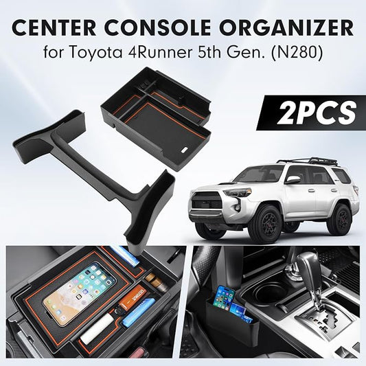 Autorder 2PCS Center Console Organizer for 2010-2024 Toyota 4Runner Accessories Armrest Storage Box Secondary Insert Tray Gear Shift Organizer Tray with Anti-Slip Mat