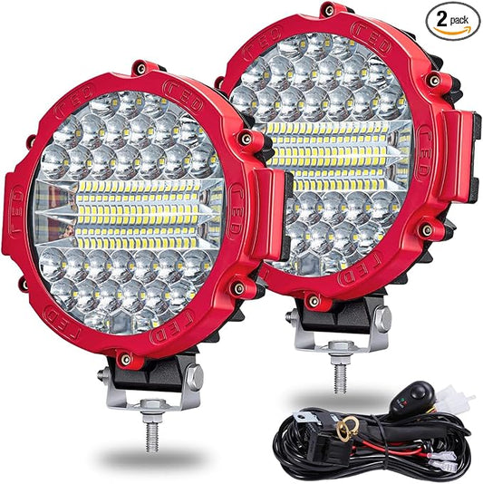 7 Inch Round LED Light Bar Offroad, 201W 15000LM Off Road Driving Work Light Pod, Tractor ATV UTV Cart 4x4 LED Off-Roading Light Pod Fog Trucks Flood Beam Lights (201W 2PC-Red with Wiring)