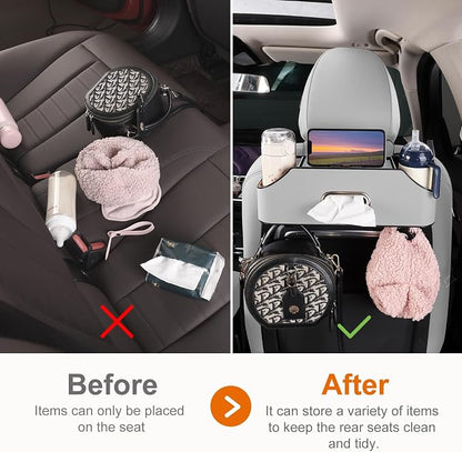 Car Rear Backseat Extra Multifunctional Drink Cup Holder Organizers with Tissue Storage Box Organizer & Hooks for Car Seat Back (Gray)