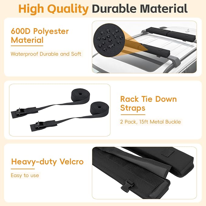 Universal Soft Roof Rack Pads for Kayak SUP Surfboard Snowboard Canoe, Heavy Duty Car Roof Rack System with 2 Tie Down Straps, 4 Quick Loop Straps, 2 Hood Loops, Tie Down Ropes and Storage Bag
