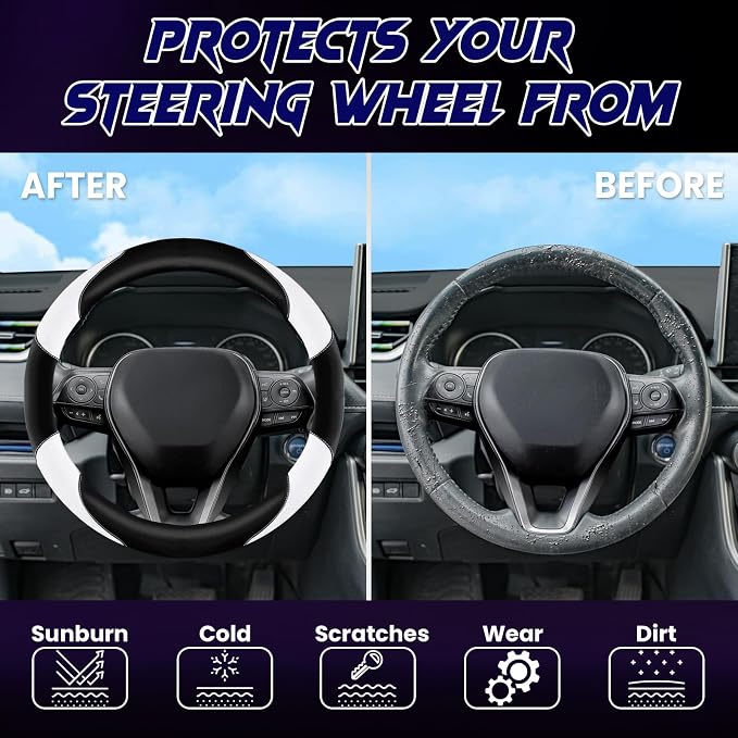 Soft Leather Steering Wheel Cover with Breathable Design and Anti-Slip Grip, Fully Compatible with Tesla, Toyota, Honda, Nissan 14.5-15.2 inch Round Steering Wheel（Sedans and SUVs）