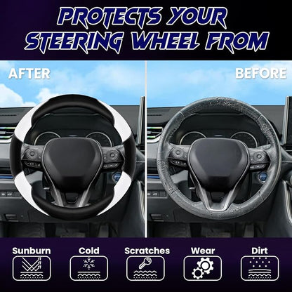 Soft Leather Steering Wheel Cover with Breathable Design and Anti-Slip Grip, Fully Compatible with Tesla, Toyota, Honda, Nissan 14.5-15.2 inch Round Steering Wheel（Sedans and SUVs）