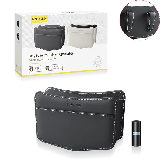 Car Trash Can Small Leather Vehicle Trash Bin Car Dustbin Garbage Organizer Holder with Trash Bag Foldable Mini Cars Storage Bag Container for Auto SUV Van Trucks (Black,Clip on)
