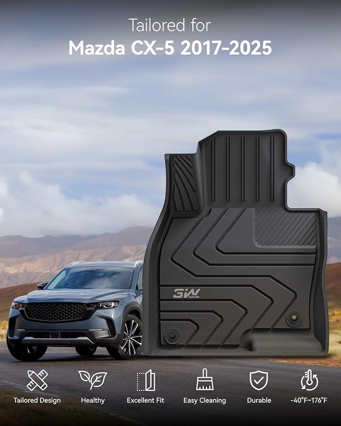 3W Floor Mats for Mazda CX-5 2017-2025, Heavy Duty TPE All Weather Custom Fit Floor Liners, Anti-Slip Car Accessories, 1st & 2nd Row, Black