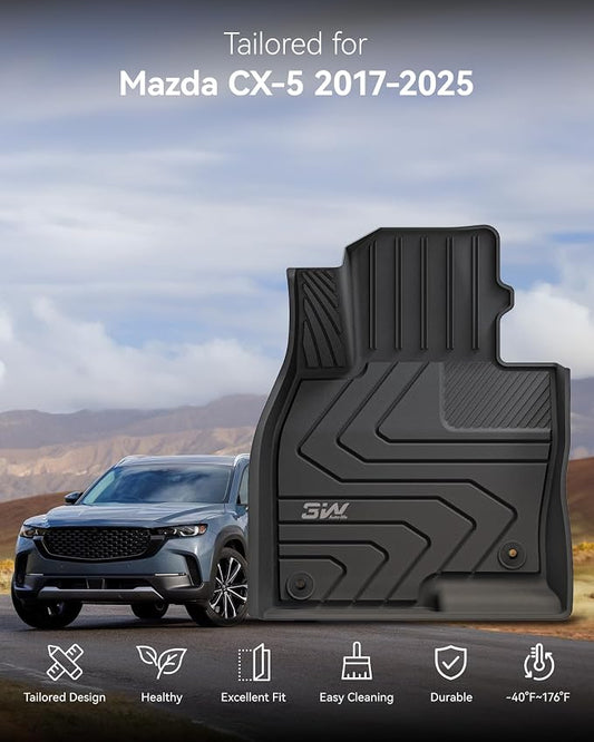 3W Floor Mats for Mazda CX-5 2017-2025, Heavy Duty TPE All Weather Custom Fit Floor Liners, Anti-Slip Car Accessories, 1st & 2nd Row, Black