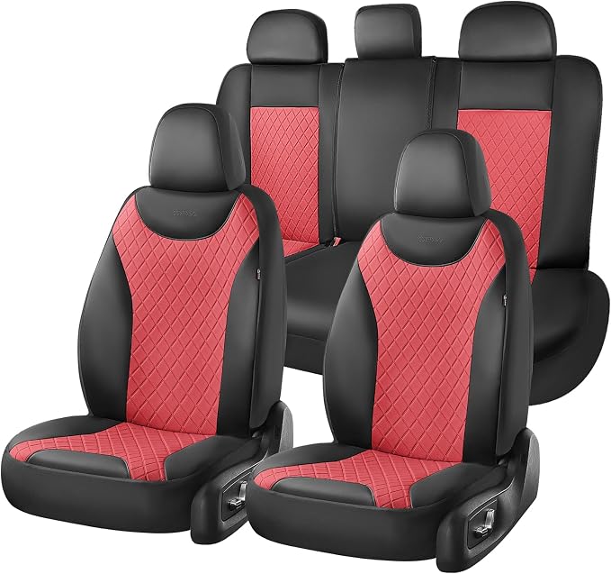 Coverado Front and Rear Seat Covers, 5 Packs Leather Seat Covers for Cars, Car Seat Protectors with Splicing Design，Universal Car Seat Cushions Waterproof Seat Covers Fit for Most Cars, Black & Red