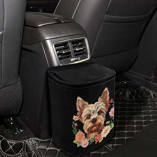 Talayituse Yorkshire Daisy Print Car Trash Bin, Large Size Auto Trash Can Adjustable Portable Garbage Can with Lid, Vehicle Hanging Bag for Headrest Front Back Seat