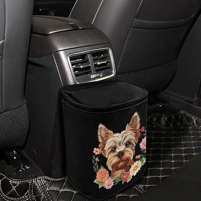 Talayituse Yorkshire Daisy Print Car Trash Bin, Large Size Auto Trash Can Adjustable Portable Garbage Can with Lid, Vehicle Hanging Bag for Headrest Front Back Seat