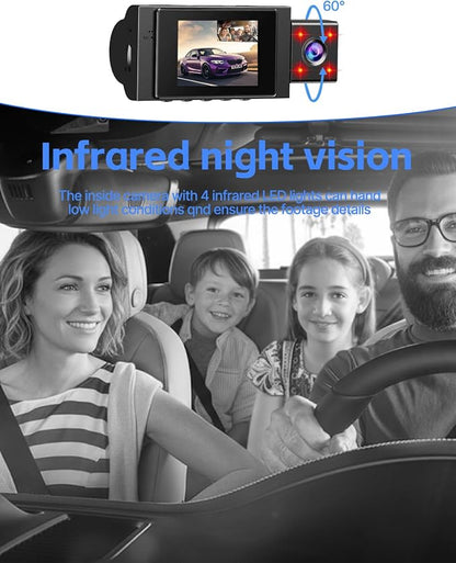 3 Channel Dash Cam Front and Rear Inside with 64GB SD Card, 1080P+720P+720P Car Dash Camera for Cars Front and Rear, Dashcam with G-Sensor, Loop Recording, 24H Parking Mode, Night Vision