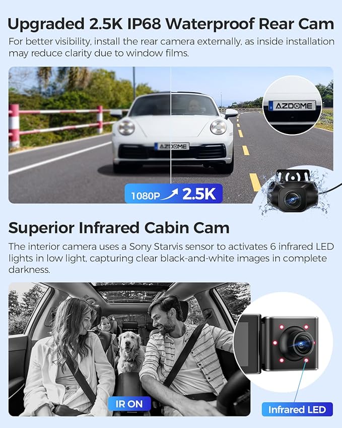 AZDOME M550 Max 4K 3 Channel Dash Cam, Dual STARVIS Sensors, 4K+2.5K+1080P Front and Rear Inside Triple Car Camera, Built-in WiFi GPS, 64GB Card Included, IR Night Vision, Ride Share Accessories