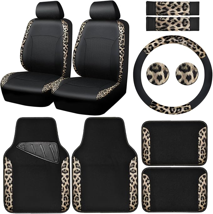 CAR PASS Leopard Print Faux Leather Car Seat Covers & Leopard Car Mats&Leopard Steering Wheel Cover Seat Belt Universal Car Accessories for SUV,Van,Saden,Truck Automobile Interior Sets(Gold Black)