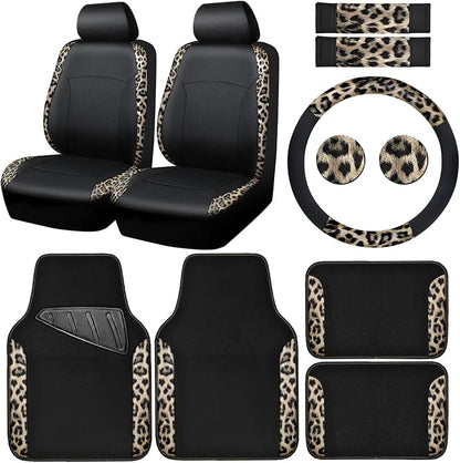 CAR PASS Leopard Print Faux Leather Car Seat Covers & Leopard Car Mats&Leopard Steering Wheel Cover Seat Belt Universal Car Accessories for SUV,Van,Saden,Truck Automobile Interior Sets(Gold Black)
