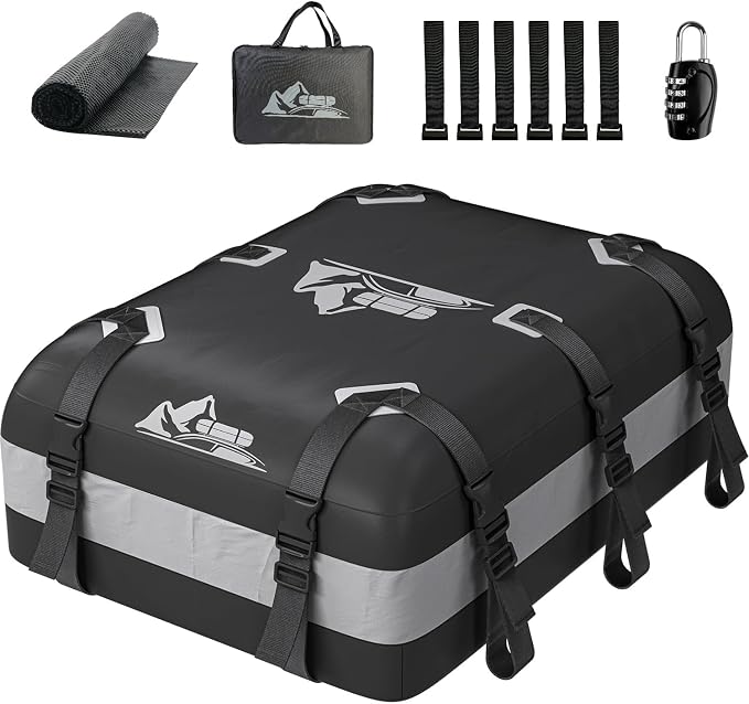 Car Rooftop Cargo Carrier Bag 20 Cubic Feet, 100% Waterproof Heavy Duty Car Roof Bag for All Vehicle with/Without Racks - Anti-Slip Mat, 6 Door Hooks, Storage Bags, 5CM Straps(Gray)