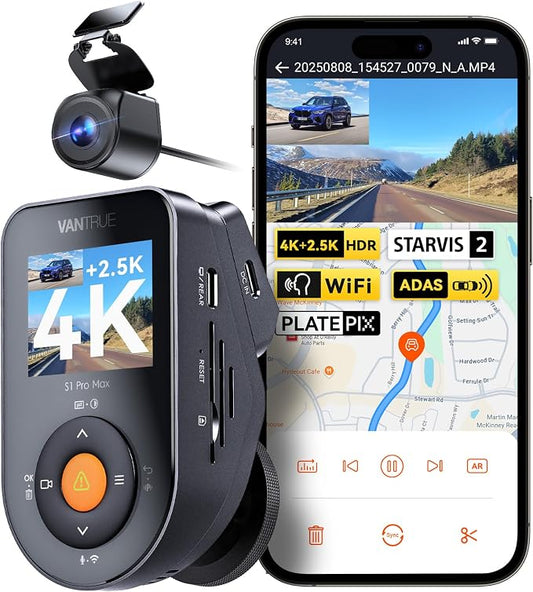 Vantrue S1 Pro Max 4K+2.5K Dash Cam, Dual STARVIS 2 Front and Rear, 2 Channel HDR Dashcam, PlatePix Night Vision, 5G WiFi, Voice Control, GPS, 24H Buffered Parking Mode, 1TB Max