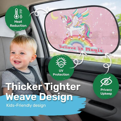 GENANY 2pcs Unicorn Window Sun Shade for Sedan SUV Truck (21x14 Inches), Sun Shades for Side Window, Accessories for Kids, Baby Window Shades, Summer Car Decor