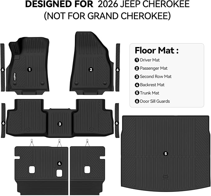Floor Mats for Jeep Cherokee Hybrid 2026(Not for Grand Cherokee), Trunk Mat and Backrest Mat & Door Sill Guard All Weather TPE Protector for Jeep Cherokee Accessories