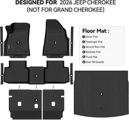 Floor Mats for Jeep Cherokee Hybrid 2026(Not for Grand Cherokee), Trunk Mat and Backrest Mat & Door Sill Guard All Weather TPE Protector for Jeep Cherokee Accessories