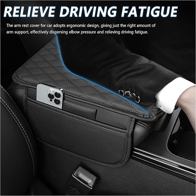 Stacool Upgraded Car Center Console Cover,Microfiber Leather Car Armrest Cover Cushion with 2 Storage Bags,Universal Car Armrest Storage Box (Black)