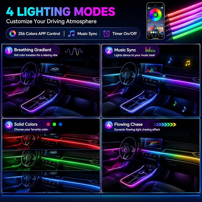 Acrylic Interior Car Ambient Lighting Kits, LED Strip Lights with Wireless APP, Neon Fiber Optic Lights Function LED Strip for Car with Music Modes (10 in 1)