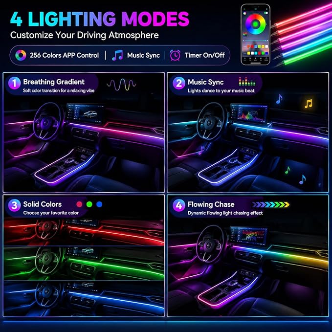 Acrylic Interior Car Ambient Lighting Kits, LED Strip Lights with Wireless APP, Neon Fiber Optic Lights Function LED Strip for Car with Music Modes (18 in 1)