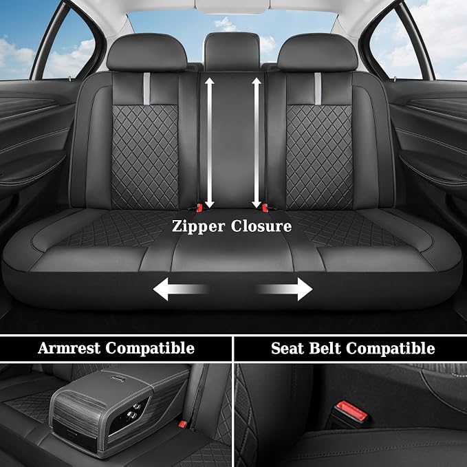 Coverado Car Seat Covers Full Set, Front Seats Back Seat Cover, Leather Seat Covers Non-Slip Seat Protectors Universal Fit for Most Cars (Black-White)