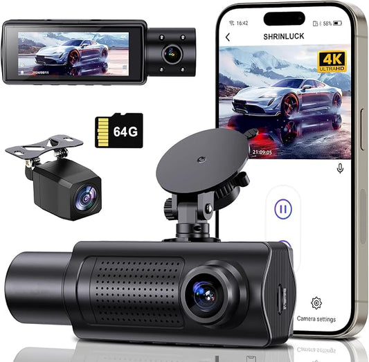 4K+1080P+1080P 5.8GHz WiFi Dash Cam Front and Rear Inside, Free 64G SD Card, 4K UHD 3 Channel Dash Camera for Cars, 360° All Sides Dashcam, G-Sensor, Night Vision, WDR, 24H Parking Monitor