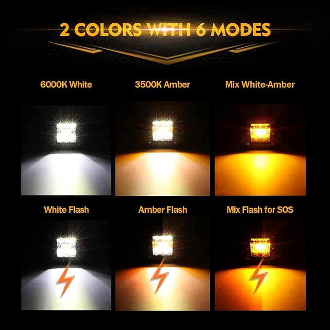 Auxbeam 5Inch LED Pod Lights, 72W Flush Mount Driving Strobe Bumper Fog Pods, 6 Modes White Amber Flashing Offroad Spot Flood Combo Light Bar with Memory Function (2 Packs)