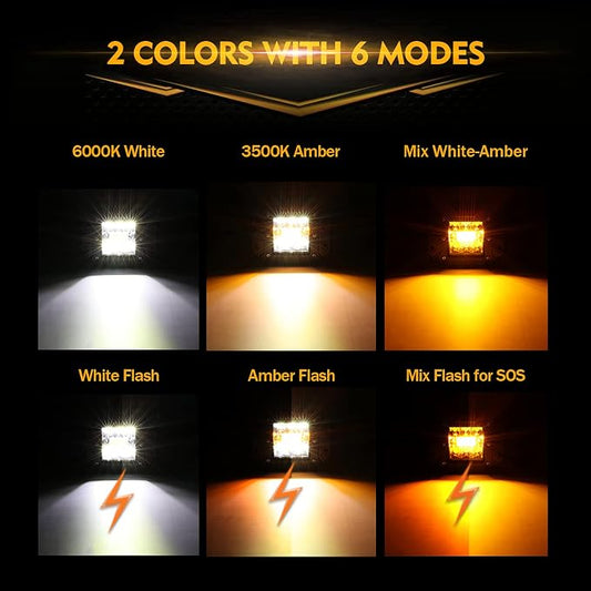 Auxbeam 5Inch LED Pod Lights, 72W Flush Mount Driving Strobe Bumper Fog Pods, 6 Modes White Amber Flashing Offroad Spot Flood Combo Light Bar with Memory Function (2 Packs)