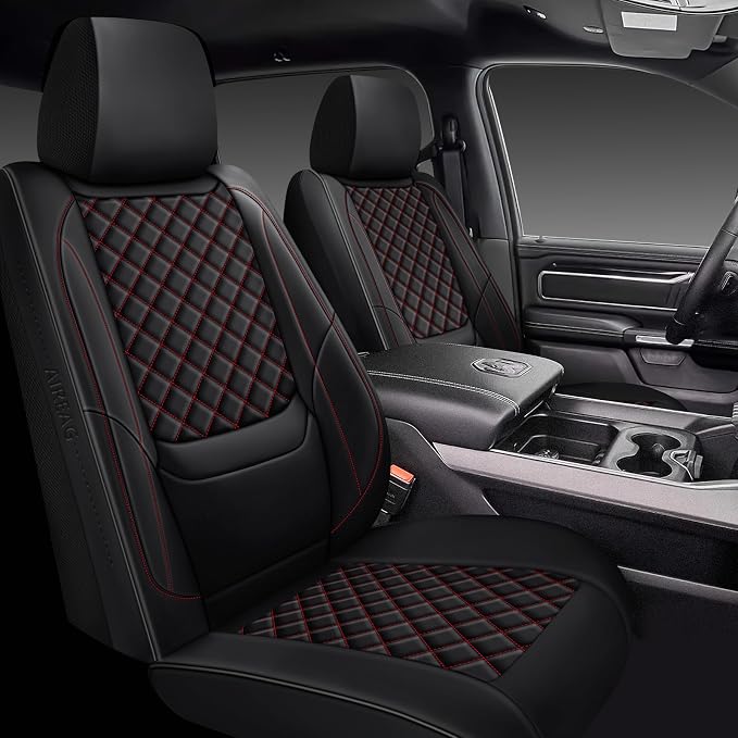 Ram Seat Covers 2019-2026 Front Pair, Truck Interior Sets with Lumbar Support Custom Fit for Dodge Ram 1500/2500/3500 Crew/Quad/Mega Cab Bighorn Longhorn Laramie Tradesman Rebel, Black Red