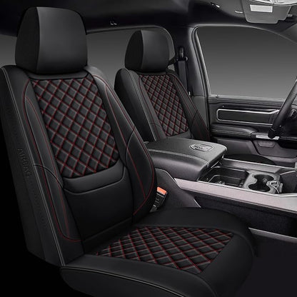 Ram Seat Covers 2019-2026 Front Pair, Truck Interior Sets with Lumbar Support Custom Fit for Dodge Ram 1500/2500/3500 Crew/Quad/Mega Cab Bighorn Longhorn Laramie Tradesman Rebel, Black Red