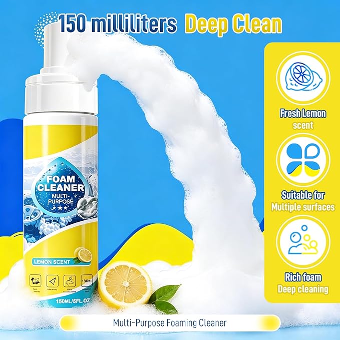 4-in-1 Foam Spray Cleaner - 2026 New Foam Cleaner Multi Purpose, New Foam No-Rinse Cleaner with Sponge and Towel for Car Interior, Kitchen Grease, Bathroom Tiles, Sofa Upholstery