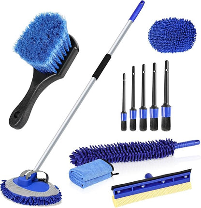 anngrowy 62" Microfiber Car Wash Brush with Long Handle, Car Washing Blue Set Mitt, Sponge, Car Cleaning Supplies Kit, Duster, Car Brush Accessories
