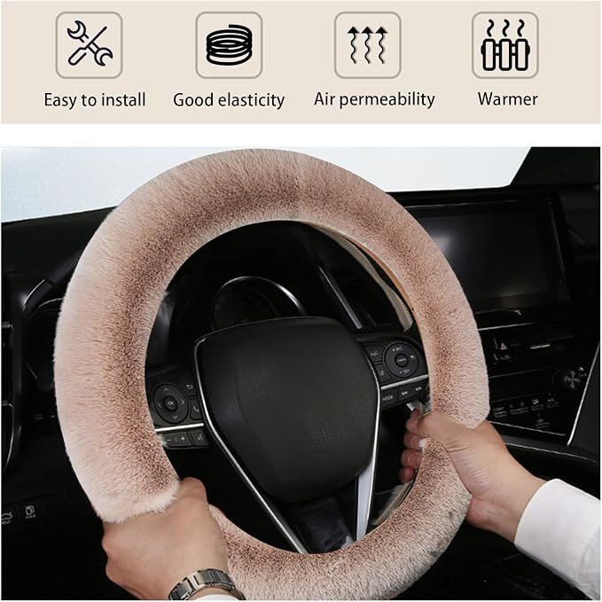Ziciner Fuzzy Steering Wheel Cover, 15 inch Soft Wool Fur Steering Wheel Protector, Fluffy Wheel Covers for Winter Warm, Car Interior Decoration Accessories for Women Men (Light Brown)