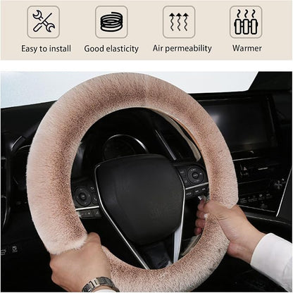 Ziciner Fuzzy Steering Wheel Cover, 15 inch Soft Wool Fur Steering Wheel Protector, Fluffy Wheel Covers for Winter Warm, Car Interior Decoration Accessories for Women Men (Light Brown)