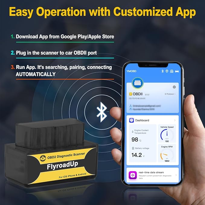 Bluetooth OBD2 Scanner for iOS iPhone & Android, Wireless Car Code Reader Diagnostic Tool for Check Engine Light, Works on OBDII Vehicles 1996 & Newer