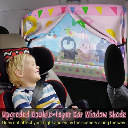 Car Window Shade for Baby, 2pcs Magnetic Auto Sun Shades for Side Windows Double Layer Full & Half Shade Options, Cute Patterns Car Window Curtains for Sun Glare Block