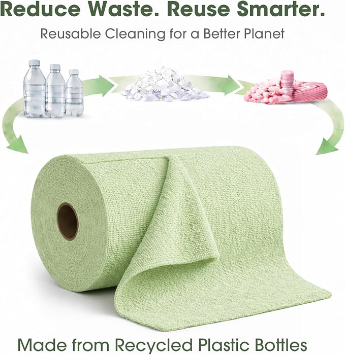 Microfiber Cleaning Cloth Roll - 100 Pack Tear Away Microfiber Paper Towels, Reusable, Washable, Scratch-Free, Kitchen Towels for Car, Home, Kitchen, Glass, Dishes(Bean Green)