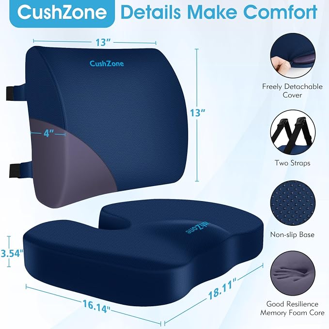 CushZone Seat Cushion, Lumbar Support Pillow with Adjustable Strap-Chair Cushions for Sciatica Pain Relief-with Washable Cover Memory Foam for Car, Travel and Wheelchair-Blue X-Large