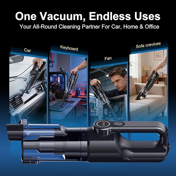Handheld Vacuum Cordless 2-in-1, 25000PA Powerful Suction Car Vacuum & Blower, Portable Rechargeable Mini Vacuum 80000RPM, 38Min Runtime USB-C for Car Home Office. (Black)