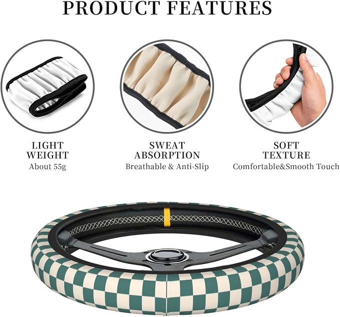 Dark Green Steering Wheel Cover for Women, Universal Auto Steering Wheel 14-15 Inch Car Interior Accessories with 2PCS Car Coasters, Suitable for Men and Women