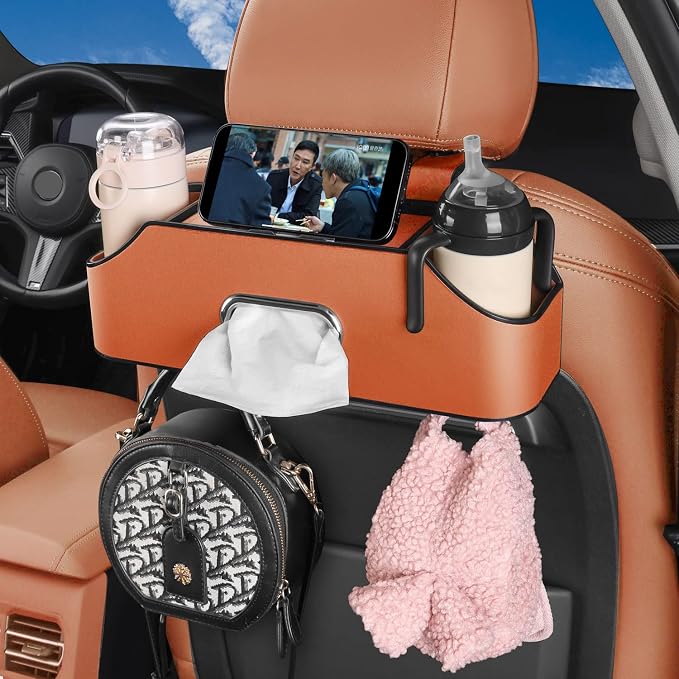 HOLDCY Car Back Seat Organizer with 2 Drink Cup Holder - Tissue Box and Storage Box Hook - Multi-functional Storage - Great for Kids and Travel (Orange)