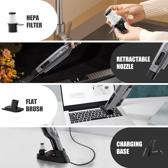 Cordless Handheld Vacuum, Lightweight Portable Hand Vacuum Cleaner with LED Light,Rechargeable Hand Held Vacuum with One-Touch Empty, Powerful Suction for Office, Home,Car, Coal