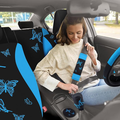 BBTO 43 Pcs Butterfly Car Seat Full Set Butterfly Car Accessories for Women 5 Front Rear Seat Covers Wrist Strap 2 Pcs Cup Mat Armrest Pad 2 Belt Xmas Cover Accessories for SUV(Light Blue, Black)
