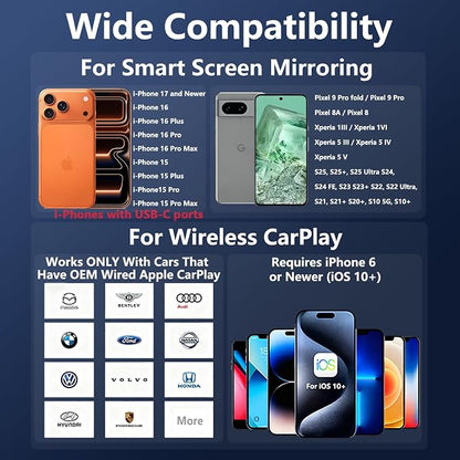 3-in-1 Wireless CarPlay Adapter with Video Streaming, Screen Mirroring & Fast Charging, Enables YouTube/TikTok via Wired Connection, Plug & Play,Car with Wired CarPlay