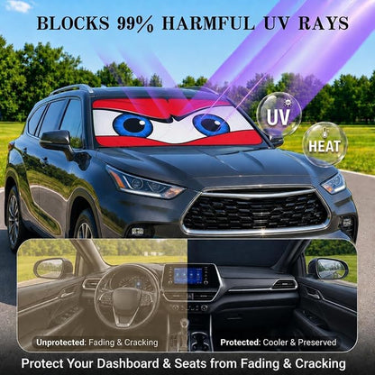 Car Windshield Sun Shade, Funny Cartoon Eyes Large Foldable Front Window Sunshade, UV Heat Protection Windshield Cover Universal Fits Full-Size Pickup Truck SUV - 63 x 33.86