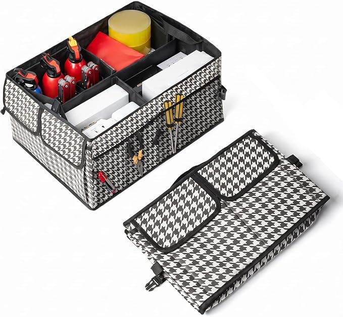 Trunk Organizer for Car Foldable Sturdy Style with 3 Compartments Holds Auto Accessories Tools Automotive Consoles and Organizers For Vehicle Trunk Storage(Houndstooth)