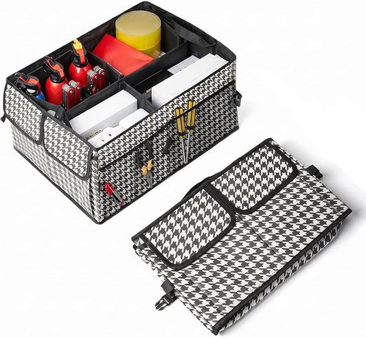 Trunk Organizer for Car Foldable Sturdy Style with 3 Compartments Holds Auto Accessories Tools Automotive Consoles and Organizers For Vehicle Trunk Storage(Houndstooth)